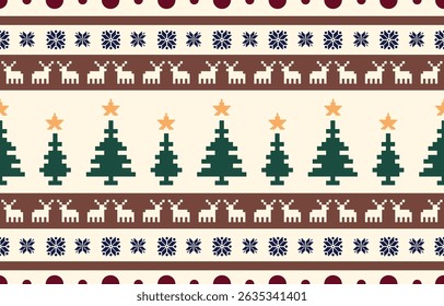 Christmas and New Year green and white seamless pattern, fairytale pixel pattern in white and green with Nordic snowflakes for winter hats, ugly sweaters, jumpers. wallpaper, paper or other design