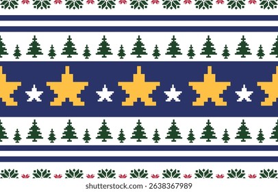 Christmas and New Year green and white seamless pattern, fairytale pixel pattern in white and green with Nordic snowflakes for winter hats, ugly sweaters, jumpers. wallpaper, paper or other design