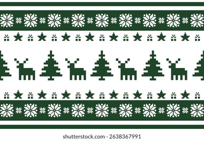 Christmas and New Year green and white seamless pattern, fairytale pixel pattern in white and green with Nordic snowflakes for winter hats, ugly sweaters, jumpers. wallpaper, paper or other design