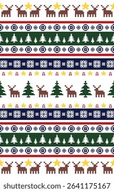 Christmas and New Year green and white seamless pattern, fairytale pixel pattern in white and green with Nordic snowflakes for winter hats, ugly sweaters, jumpers. wallpaper, paper or other design