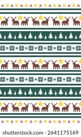 Christmas and New Year green and white seamless pattern, fairytale pixel pattern in white and green with Nordic snowflakes for winter hats, ugly sweaters, jumpers. wallpaper, paper or other design