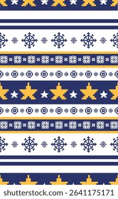 Christmas and New Year green and white seamless pattern, fairytale pixel pattern in white and green with Nordic snowflakes for winter hats, ugly sweaters, jumpers. wallpaper, paper or other design