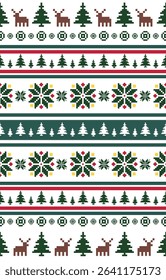Christmas and New Year green and white seamless pattern, fairytale pixel pattern in white and green with Nordic snowflakes for winter hats, ugly sweaters, jumpers. wallpaper, paper or other design