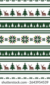 Christmas and New Year green and white seamless pattern, fairytale pixel pattern in white and green with Nordic snowflakes for winter hats, ugly sweaters, jumpers. wallpaper, paper or other design