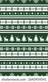 Christmas and New Year green and white seamless pattern, fairytale pixel pattern in white and green with Nordic snowflakes for winter hats, ugly sweaters, jumpers. wallpaper, paper or other design