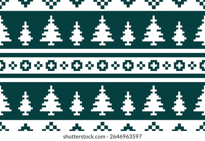 Christmas and New Year green and white seamless pattern, fairytale pixel pattern in white and green with Nordic snowflakes for winter hats, ugly sweaters, jumpers. wallpaper, paper or other design
