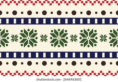 Christmas and New Year green and white seamless pattern, fairytale pixel pattern in white and green with Nordic snowflakes for winter hats, ugly sweaters, jumpers. wallpaper, paper or other design