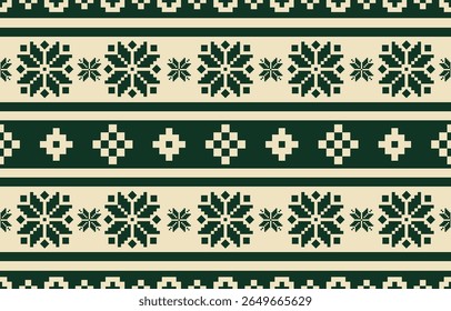 Christmas and New Year green and white seamless pattern, fairytale pixel pattern in white and green with Nordic snowflakes for winter hats, ugly sweaters, jumpers. wallpaper, paper or other design