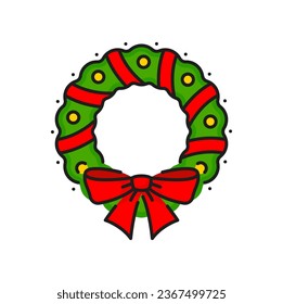 Christmas and New Year green wreath decorated by red bow color line icon. Vector Xmas wreath with ribbons or garlands and balls. Noel decoration