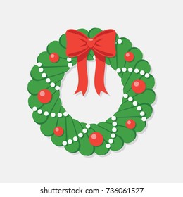 Christmas and New Year Green Wreath Illustration with White Beads, Red Bow and Red Balls Vector Isolate Element