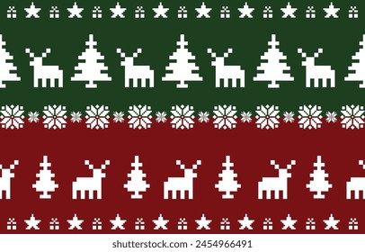 Christmas and New Year green,red and white seamless pattern, fairytale pixel pattern in white and green with Nordic snowflakes for winter hats, ugly sweaters, jumpers. wallpaper, paper or other design