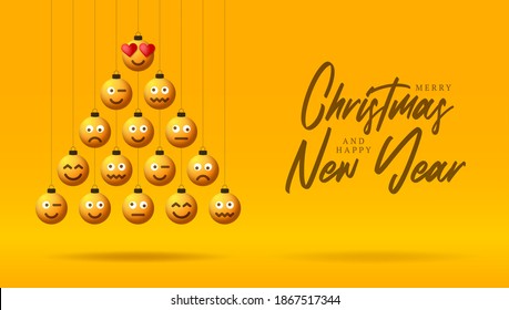 Christmas and new year greeting 3d realistic cartoon card. Creative Xmas tree made face emoji bauble balls on yellow background for Christmas and New Year celebration