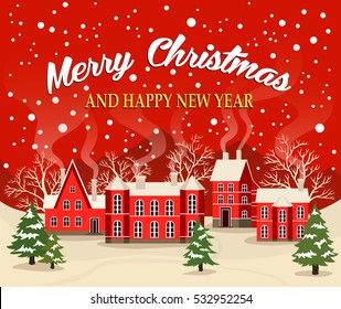 Christmas and New Year greeting banner. Vector snow-covered village building house under snowfall on red background. Merry Christmas and Happy New Year congratulation festive placard illustration
