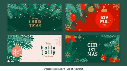 Christmas and New Year greeting banners set vector illustration. Modern xmas horizontal template with typography, christmas tree, ball, snow, light garland. Winter pattern design with textured effect.