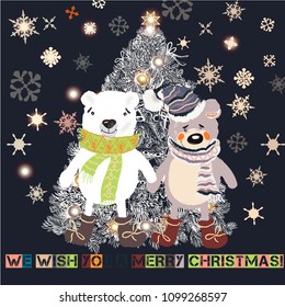 Christmas or New Year greeting card with hand drawn decorated Xmas tree and plush pretty bears
