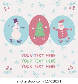 Christmas and New Year greeting card with Santa, snowman and smiling Christmas tree. Vector illustration.