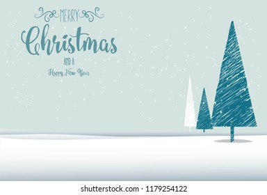 Christmas and new year greeting card. Happy holidays landscape,  modern X mas  tree, snow  vector
