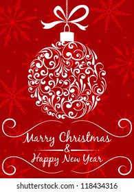 Christmas and new year Greeting Card. Vintage card with Christmas Tree on red vector background.