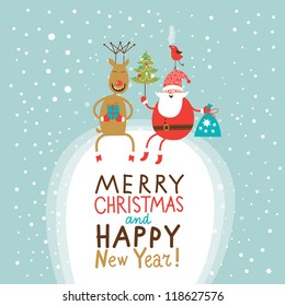 Christmas and New Year Greeting card, Santa Claus with gifts bag and Christmas tree and funny Deer