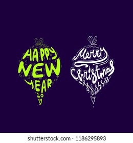 Christmas and New Year greeting card. Vector illustration. sign Happy New Year 2019 year . Christmas decoration element