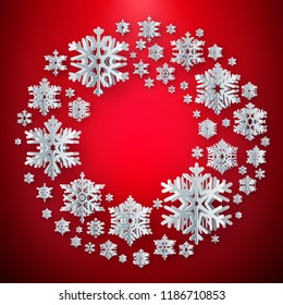 Christmas New Year greeting card with paper textured snowflakes on red background. EPS 10