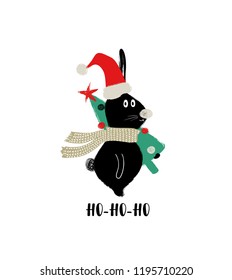 Christmas and New Year greeting card with funny rabbit holding a tree.