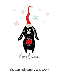 Christmas and New Year greeting card with funny rabbit holding gift.