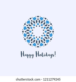 Christmas and New Year greeting card with geometric ornament on light blue background. Inscription - Happy holidays