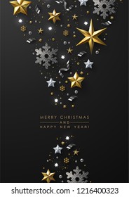 Christmas and New Year Greeting Card with Chic Festive Composition made of Gold and White Stars, Silver Snowflakes and Glitter.