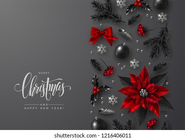 Christmas and New Year Greeting Card with Decorative Vertical Border made of Traditional Festive Elements. Flat lay, top view.