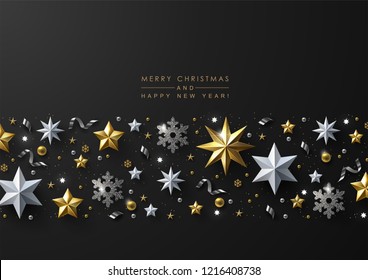 Christmas and New Year Greeting Card with Decorative Border made of Gold and White Stars, Silver Snowflakes,  Sparkling Beads and Glitter.