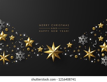 Christmas and New Year Greeting Card with Decorative Border made of Gold and White Stars, Silver Snowflakes,  Sparkling Beads and Glitter.