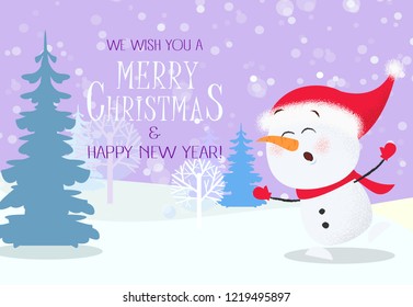 Christmas and New Year greeting card design. Dancing snowman with snowy trees in background. Illustration can be used for banners, posters, postcards