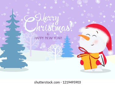 Christmas and New Year greeting card design with snowman holding gift. Snowy fir trees in background. Illustration can be used for banners, posters, postcards