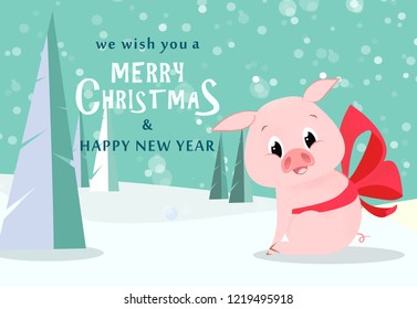 Christmas and New Year greeting card design. Cute pig with bow and snowy trees in background. Illustration can be used for banners, posters, postcards