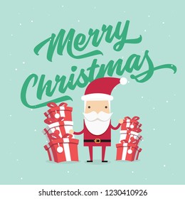 Christmas and New Year Greeting card, Santa Claus with gifts box.