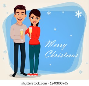 Christmas and New Year greeting card with cute young couple. Smiling man and woman holding glasses of champagne. Vector illustration on blue background with snowflakes