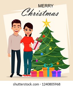 Christmas and New Year greeting card with cute young couple standing near Christmas tree. Smiling man and woman holding gift box. Vector illustration
