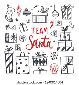 Christmas and New Year greeting card. Vector doodle elements for Christmas party. Handwritten Lettering Team Santa