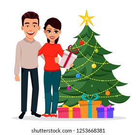 Christmas and New Year greeting card with cute young couple standing near Christmas tree. Smiling man and woman holding gift box. Vector illustration on white background