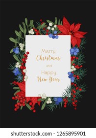 Christmas and New Year greeting card or postcard template decorated by conifer branches, juniper and mistletoe berries and poinsettia leaves. Elegant holiday vector illustration in vintage style.