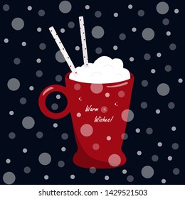 Christmas, New Year greeting card.  Warm wishes. Cup decorated by snowflakes. Vector illustration.