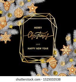 Christmas and New Year Greeting Card with Geometric Frame