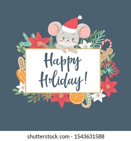 Christmas and  New Year greeting card with little mouse. Symbol of chinese new year 2020. Isolated cartoon vector illustration