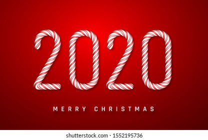 Christmas or New Year greeting card. Candy cane number 2020 on red background. Vector illustration.