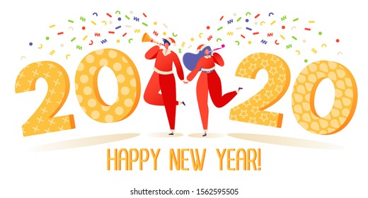 Christmas and New Year greeting card concept with dancing people characters. 2020 numbers and confetti on background. Vector illustration for postcard, poster on winter holiday celebration theme