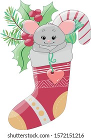 Christmas and New Year greeting card with cute little mouse in a sock. Mouse with candy adn holly berries. Symbol of chinese new year 2020. Isolated cartoon vector illustration