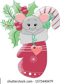 Christmas and New Year greeting card with cute little mouse in a sock. Mouse with candy adn holly berries. Symbol of chinese new year 2020. Isolated cartoon vector illustration