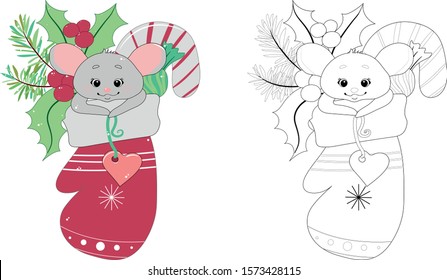 Christmas and New Year greeting card with cute little mouse in a sock. Contour doodle picture for coloring book, sticker, postcard. Vector illustration isolated on a white background