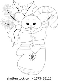 Christmas and New Year greeting card with cute little mouse in a sock. Contour doodle picture for coloring book, sticker, postcard. Vector illustration isolated on a white background